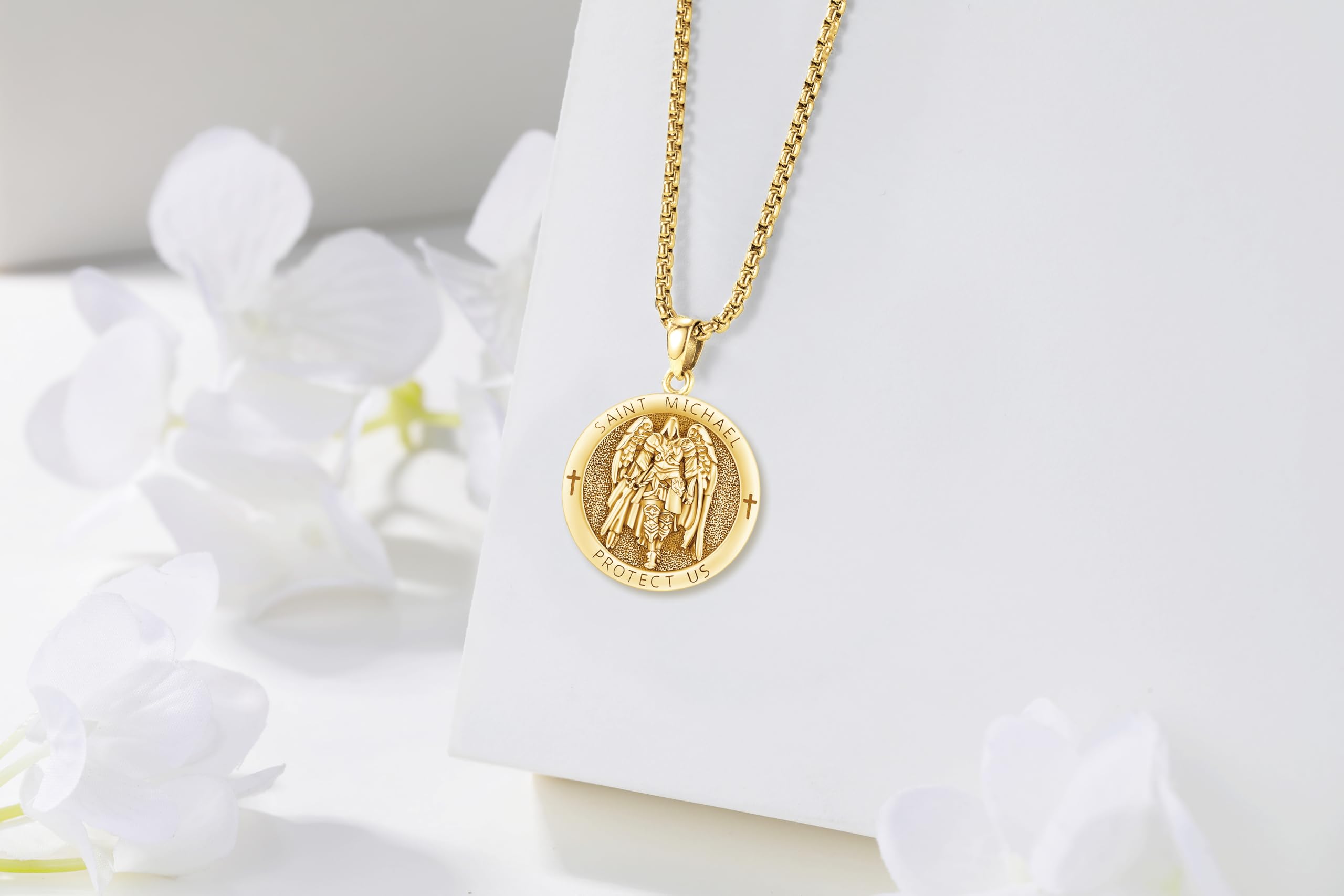 AUDINCEED 18K Gold St Michael Pendant/Saint Anthony/Archangel Raphael/St Benedict/San Judas/Jesus Cross/Santa Muerte/Virgin Mary Necklace 925 Sterling Silver Amulet Jewelry for Men Women