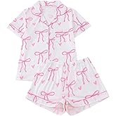 WDIRARA Women's 2 Piece Bow Print Pajama Set Short Sleeve Button Down Lounge Shorts Sleepwear Sets