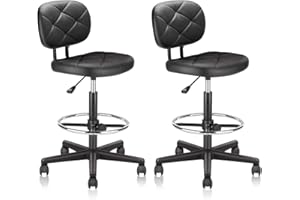 KLASIKA Tall Drafting Rolling Stool Chair with Low Back Support and Adjustable Foot Rest Ring Set of 2 PU Leather Vinly Wide Seat Swivel Standing Desk Chair for Office Home 2 Pack