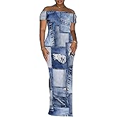 Yuopeid Women's Sexy Off Shoulder Bodycon Maxi Dresses Fashion Printed High Split Clubwear Party Long Dress