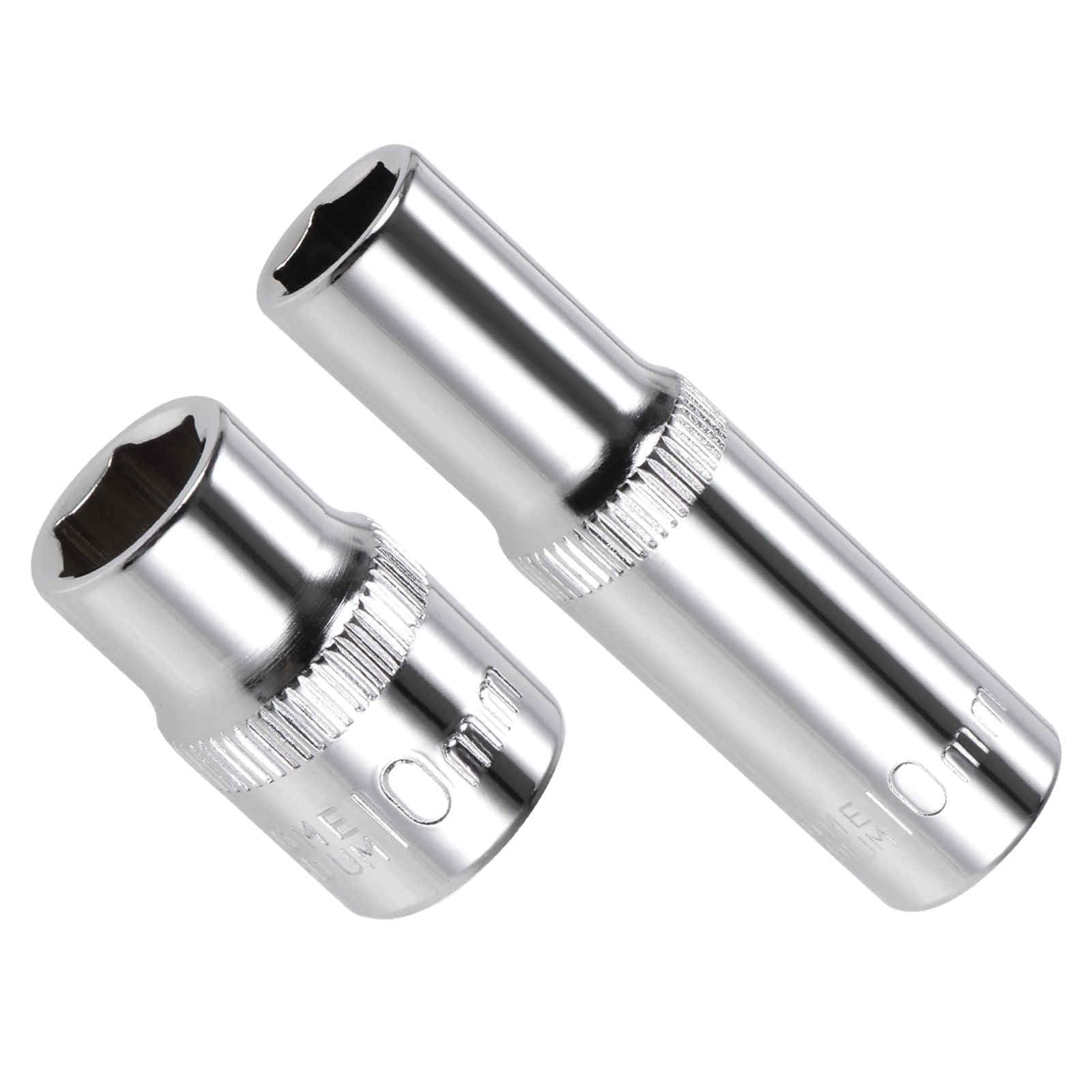 CoCud 6-Point Socket, 3/8" Drive 10mm Deep, Polished Chromed CR-V Metric Deep and Shallow Impact Socket - (Applications: for Ratchet Torque Electric Wrenches Car Repair), 2-Pieces