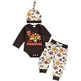 Doqcey My 1st Thanksgiving Baby Boy Outfit Turkey Print Long Sleeve Romper Elastic Waist Pants Hat Set 3 Piece Fall Clothes