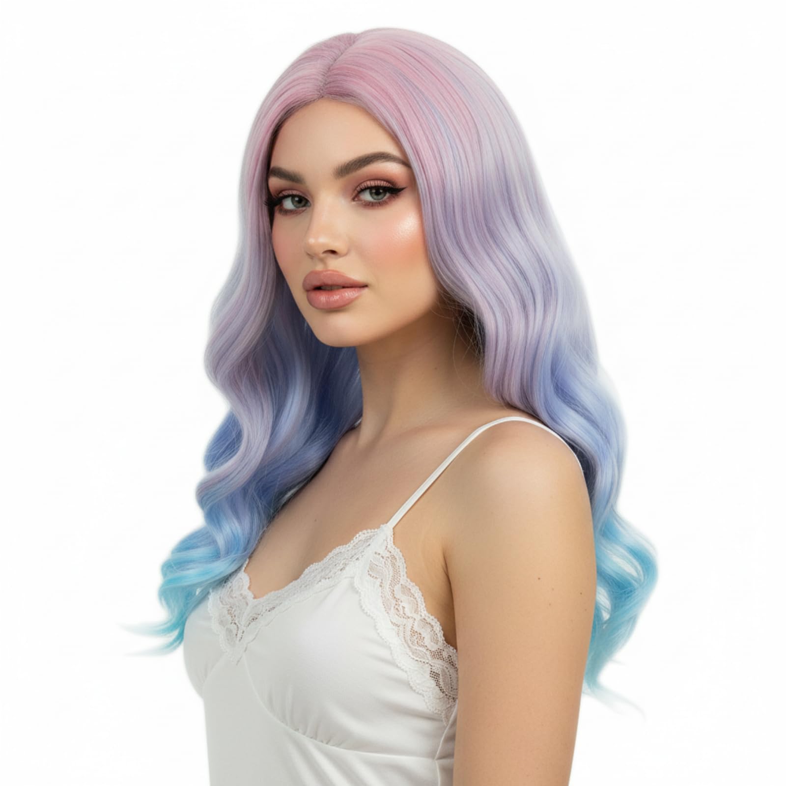 STfantasy Ombre Dirty Pink Women Wigs Long Natural Curly Layered Synthetic Hair for Girls Ladies Female Cosplay Anime Costume Party Carnival (Blue powder gradient)