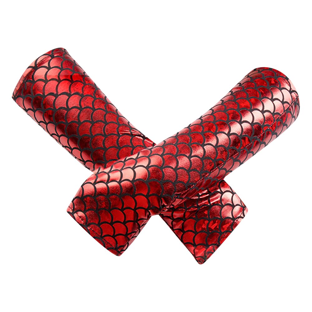 JIHUOO Shiny Mermaid Scale Gloves Fish Scale Arm Sleeves Rave Party Gloves Hologram Fingerless Gloves Halloween Cosplay Costume Accessories Red