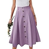 HERBATOMIA Pleated A-line Midi Skirt Elastic Waist Button Front Casual Flared Long Skirts with Pocket for Women