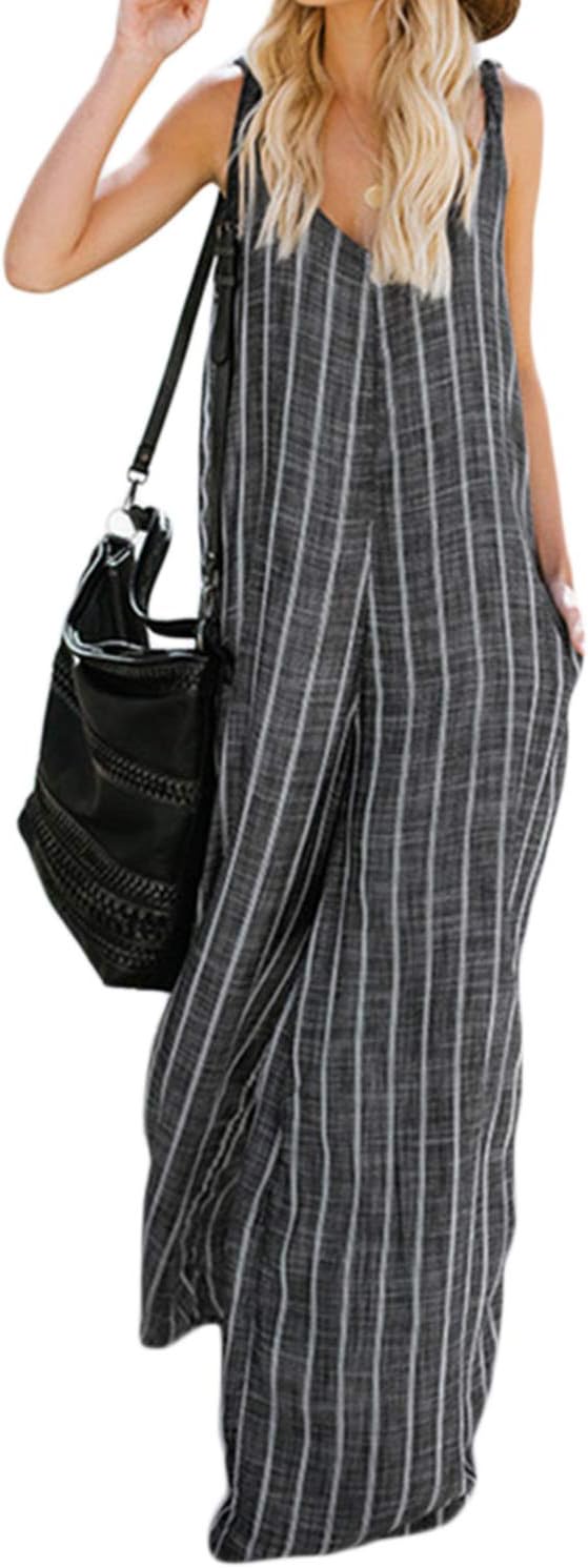 Zilcremo Women Jumpsuits Summer Wide Leg Palazzo Stripes Linen Dungarees Overalls