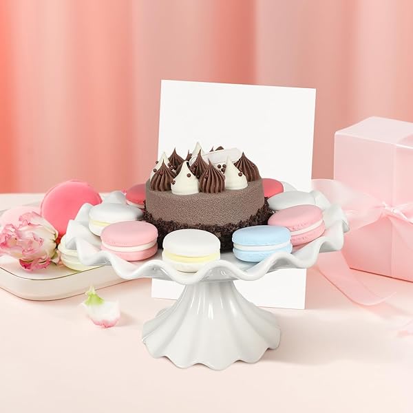 PRETYZOOM CERAMIC CAKE STAND 9.45 INCH WAVY EDGE PEDESTAL CUPCAKE STAND FOR PARTIES WEDDINGS BIRTHDAYS ELEGANT CERAMIC SERVING TRAY DESSERT DISPLAY