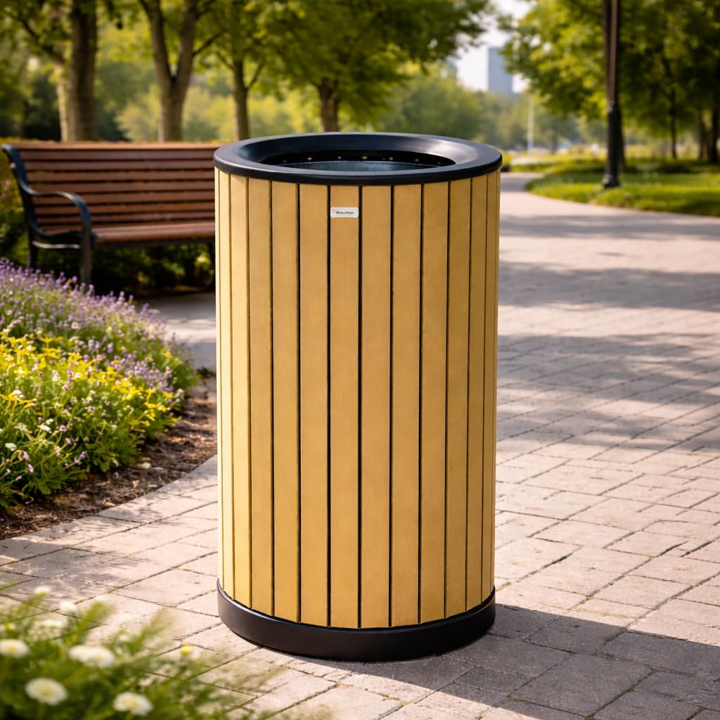 Photo 1 of Alpine 32 Gallon Commercial Outdoor Trash Can – Open Top All-Weather Garbage Can with Leak-Proof Stainless Steel Liner, Floor-Mount Ready for Parks, Schools & Public Spaces (Flat Lid - Cedar)
