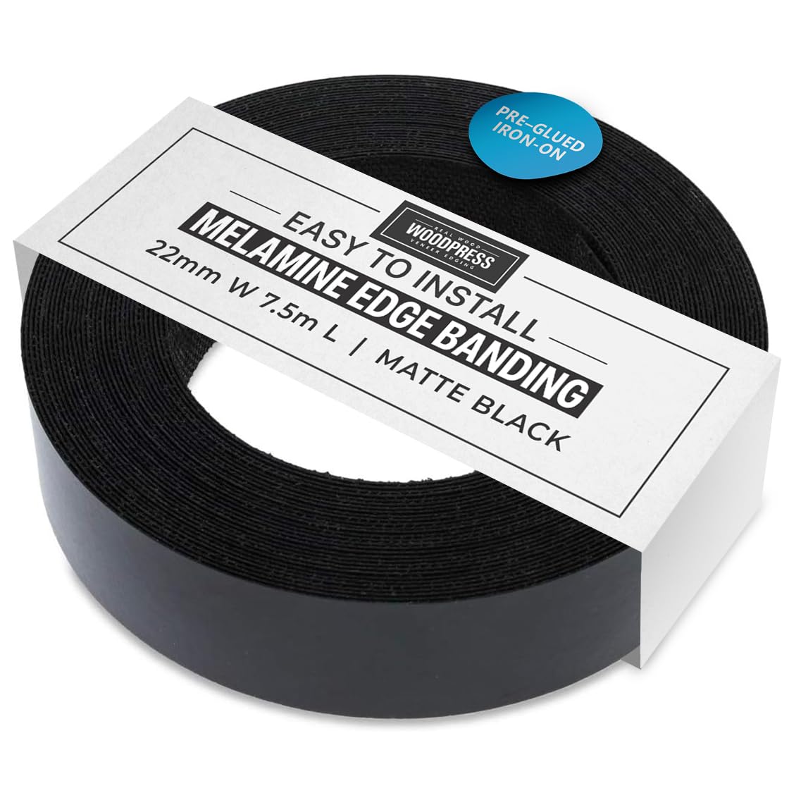 WoodPress® 22mm Matt Black Melamine Edging, Pre-Glued Veneer Tape – 7.5m Roll - Iron-On for Easy DIY Application – Will Cover the Edge of a Standard MDF Panel