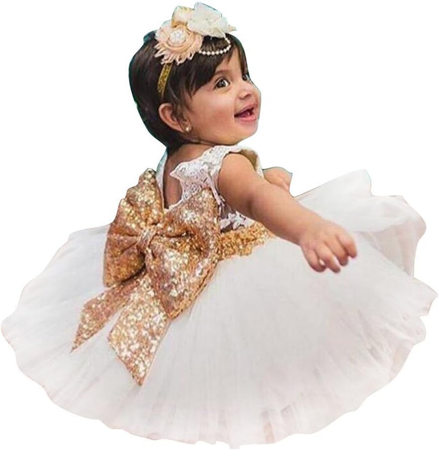 KINDOYO 1-6 Years Old Newborn Toddler Baby Girls Sequins Bowknot Floral Sleeveness Lace Princess Cute Dresses for Party, Wedding Dress