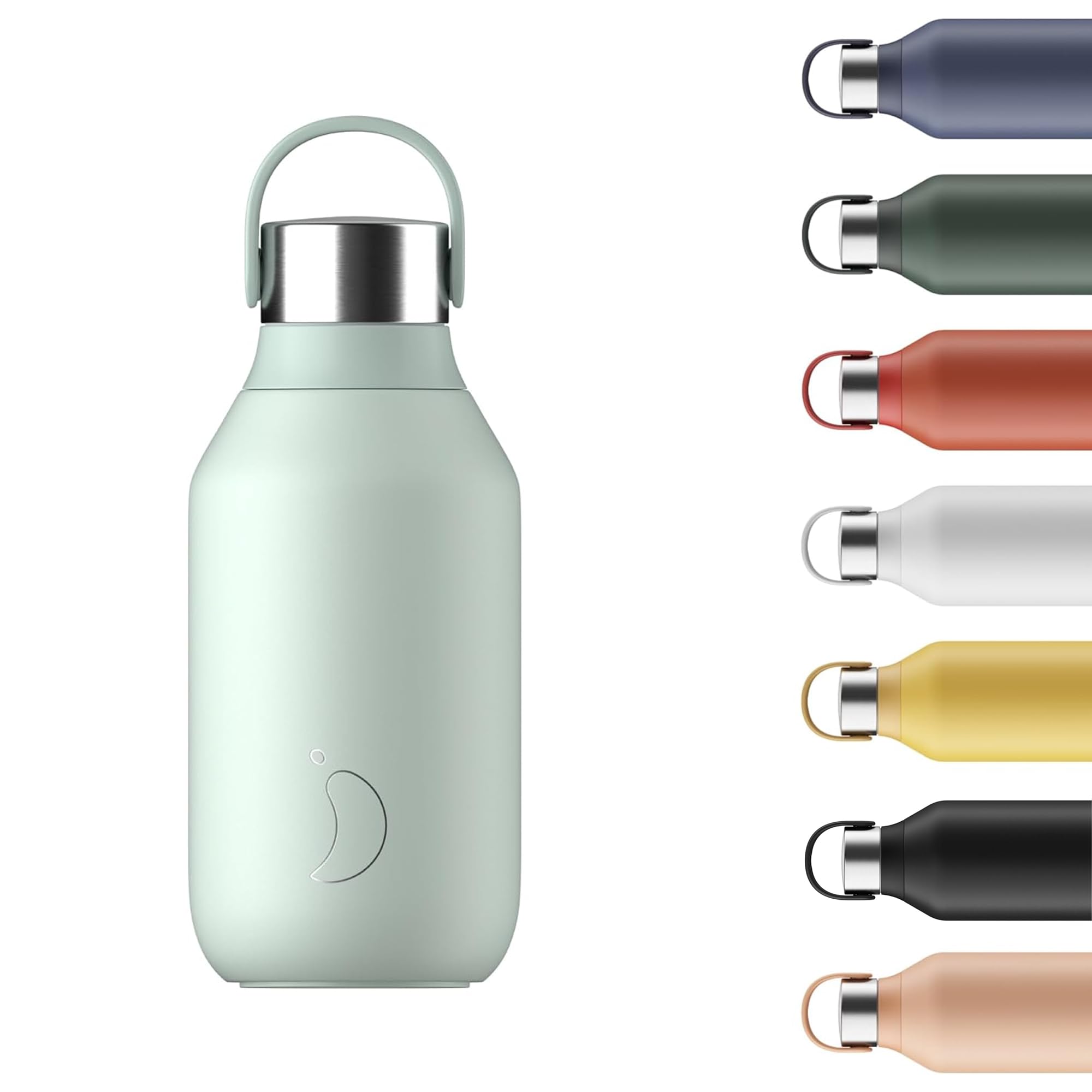 Chilly's Series 2 Water Bottle - Vacuum Insulated Stainless Steel Water Bottle with Soft Collar & Carry Loop, Thermal Flask for Hot & Cold Drinks - Leak Proof, No Sweat - Lichen Green, 350ml