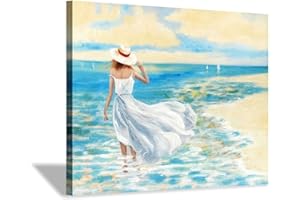 Hardy Gallery Abstract Beach Painting Wall Art: Hand Painted Textured Women Standing Blue Seascape Picture Artwork for Bed Room (24” x 18” x 1 Panel)