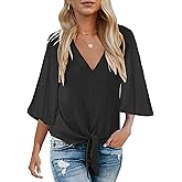 Bluetime Womens Tie Front Tops 3/4 Bell Sleeve V Neck Cute Summer Tops Shirts Casual Chiffon Blouses