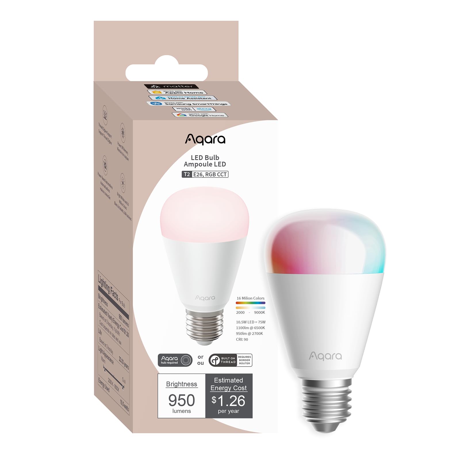 Photo 1 of Aqara Thread/Zigbee Smart LED Light Bulb T2 E26, Tunable White (2000K-9000K), RGB Color Changing Light Bulb with 16 Million Colors, 75W Equivalent, Matter, Works with HomeKit, Alexa, Google & More