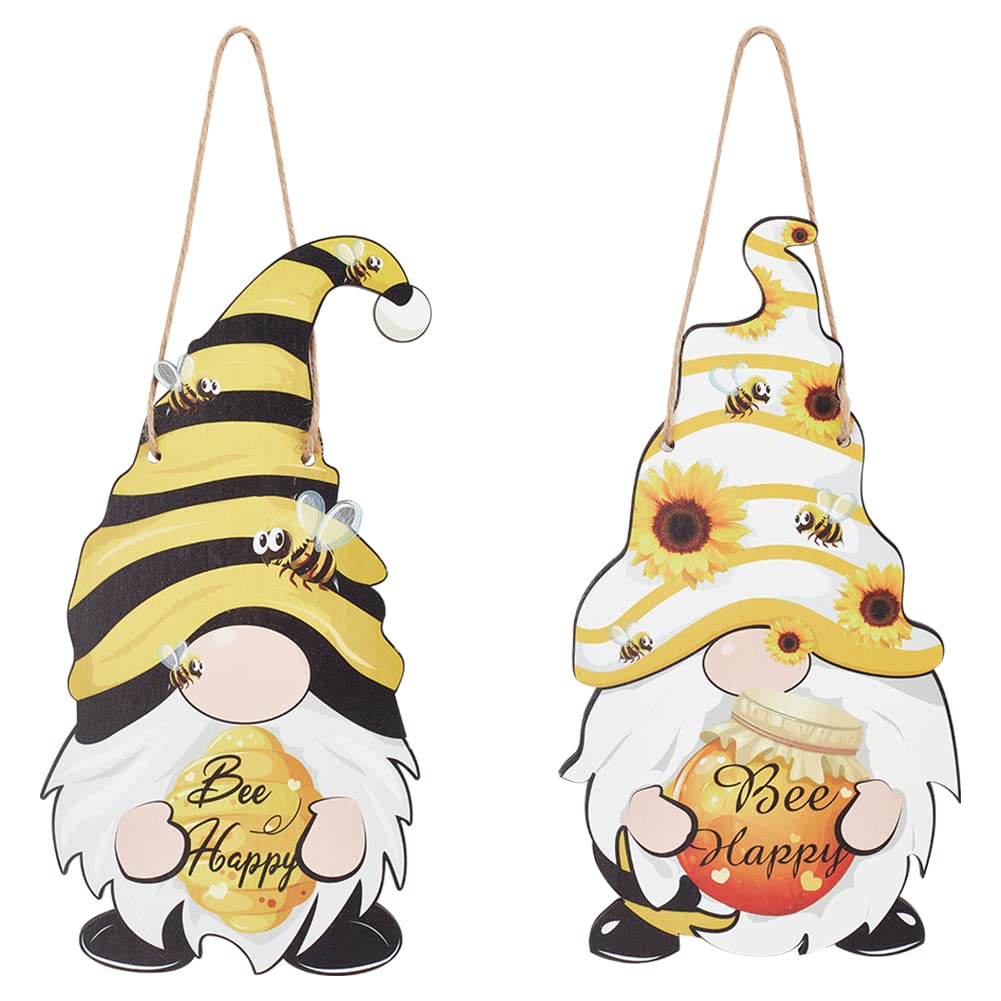 NBEADS 2 Pcs Bee Gnome Wooden Sign, Bee Happy Home Hanging Decor Bumble Bee Door Sign Gifts Farmhouse Wall Hanging Plaque with Jute Twine for Farmhouse Living Room Decor, about 28×14.3cm