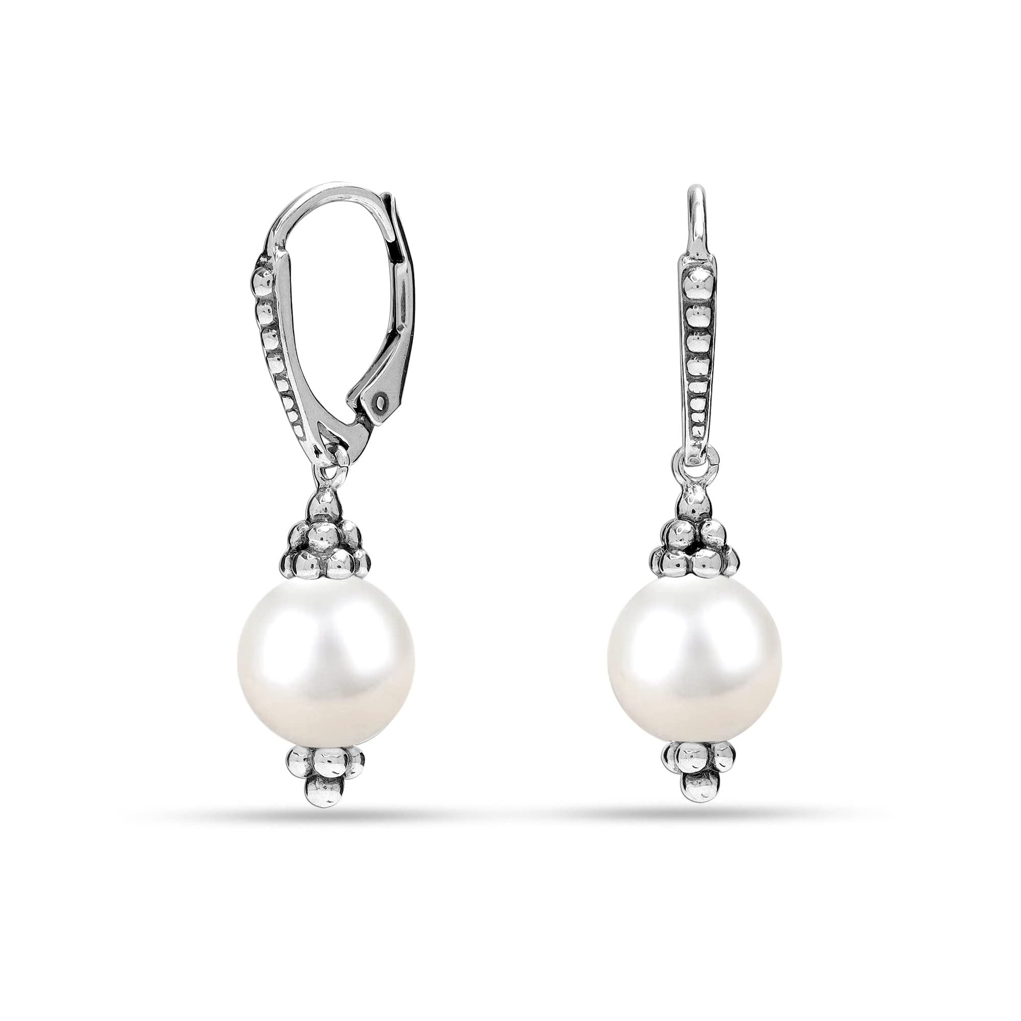 LeCalla 925 Sterling Silver Caviar Drop Earrings | Antique Leverback Drop Pearl Earrings | Bali Lever-Back Dangle Earring for Women - 30mm