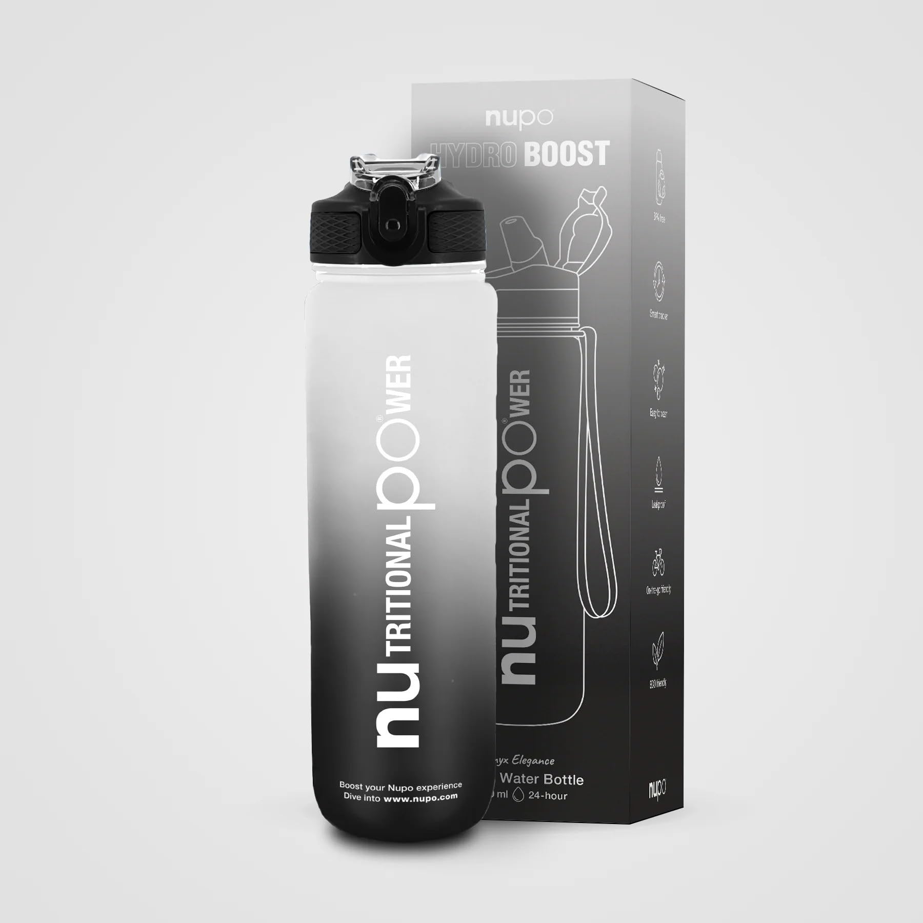 NUPO Smart Water Bottle - Onyx Elegance Black| Boost your Hydration and Track your Water Intake | Light weight | Leakproof | BPA free | Dishwasher safe | Built-in Straw | Carry Strap | 1000 ml