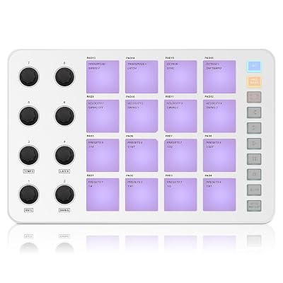 Wireless MIDI Controller Pads, Bluetooth Portable USB MIDI Controller with 16 Drum Pads, 8 Assignable Knobs, Note Repeat, Full Level Buttons, Rechargeable battery (White Pad)