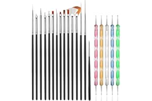 JOYJULY 20pcs Nail Art Design Tools, 15pcs Painting Brushes Set with 5pcs Dotting Pens, BLACK …