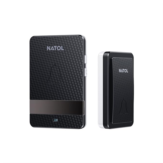 NATOL Timbre Inalámbrico sin Pilas, Timbre para Puerta Impermeable con Alcance a 200m, 28 Melodías, 4 Niveles de Volumen y Indicador LED, Negro