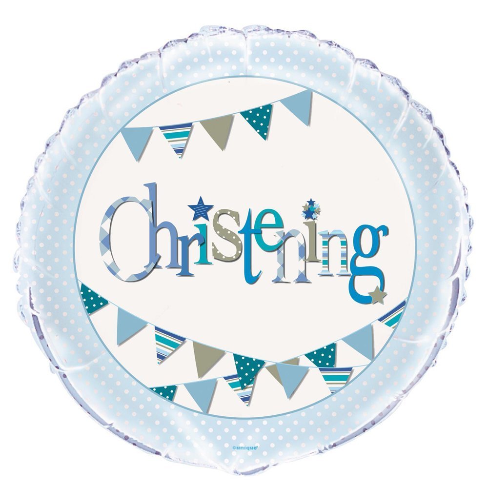 Blue Bunting Christening Round Foil Balloon (45cm) 1 Piece - Beautiful Baby Boy's Celebration Decoration
