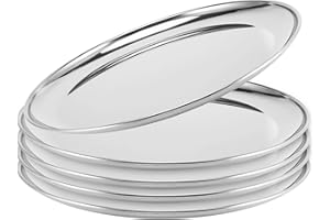 FUNSUEI 5PCS 12 Inches Stainless Steel Dinner Plates, Mirror Polished Double Layer Stainless Steel Plates, Round Metal Dinner