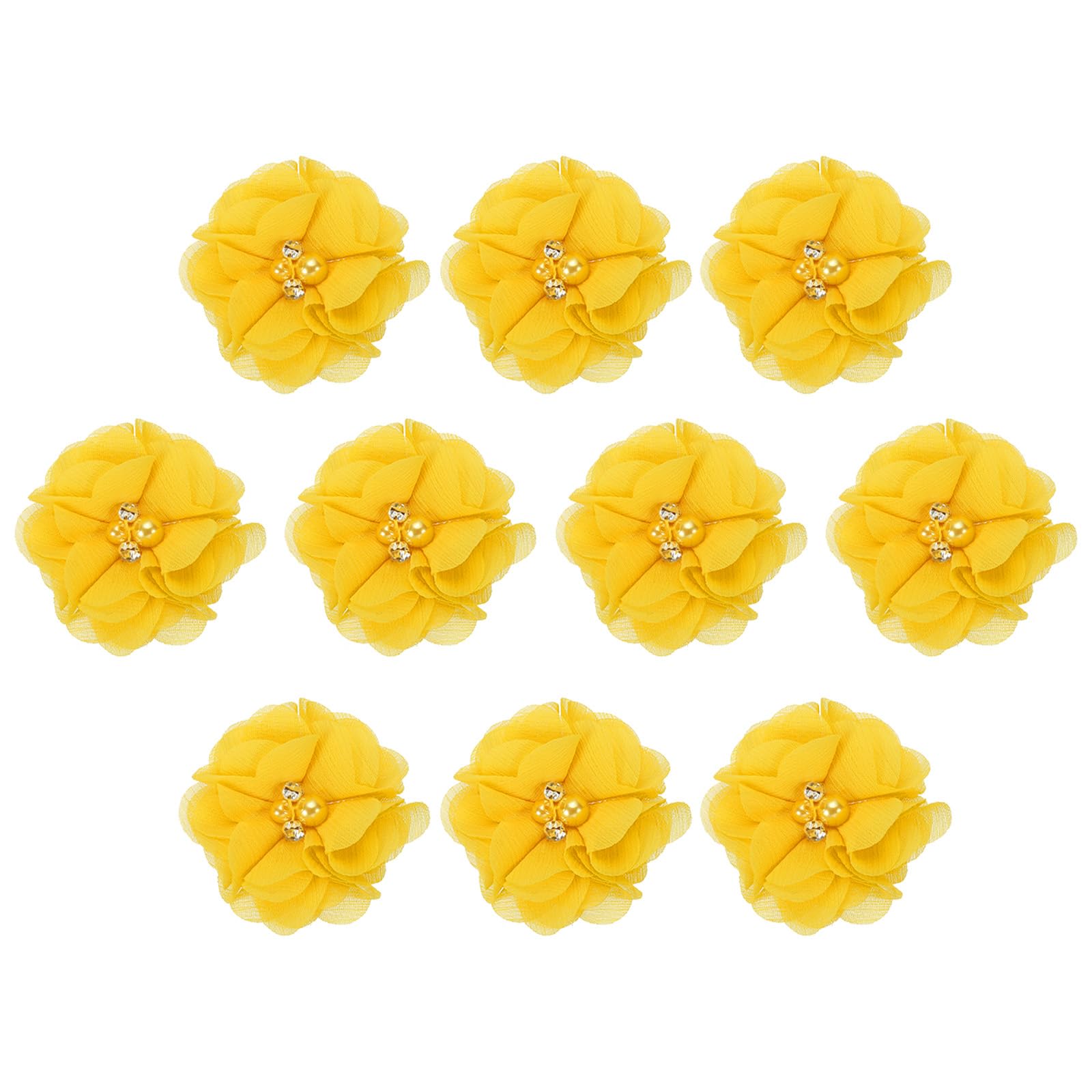 PATIKIL 2" Chiffon Flowers, 10Pcs Fabric Flowers Sewing Appliques Embellishments with Rhinestone Pearl for DIY Crafts Wedding Headbands Party Decoration, Yellow