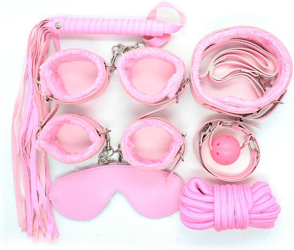 Catcheye 7 Piece Bed Restraints Kit with Adjustable Fur Leather Cuffs Blindfold for Cosplay
