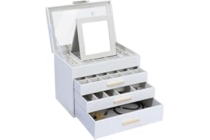 TIAN YE ZHOU Jewelry Box with Glass Lids, 4 Layer Large Jewelry Holder Organizer with Mirror, White Jewelry Box with 3 Drawers for Sunglasses, Necklace and Bracelet Storage Gifts for Her (White, 4 Layer)