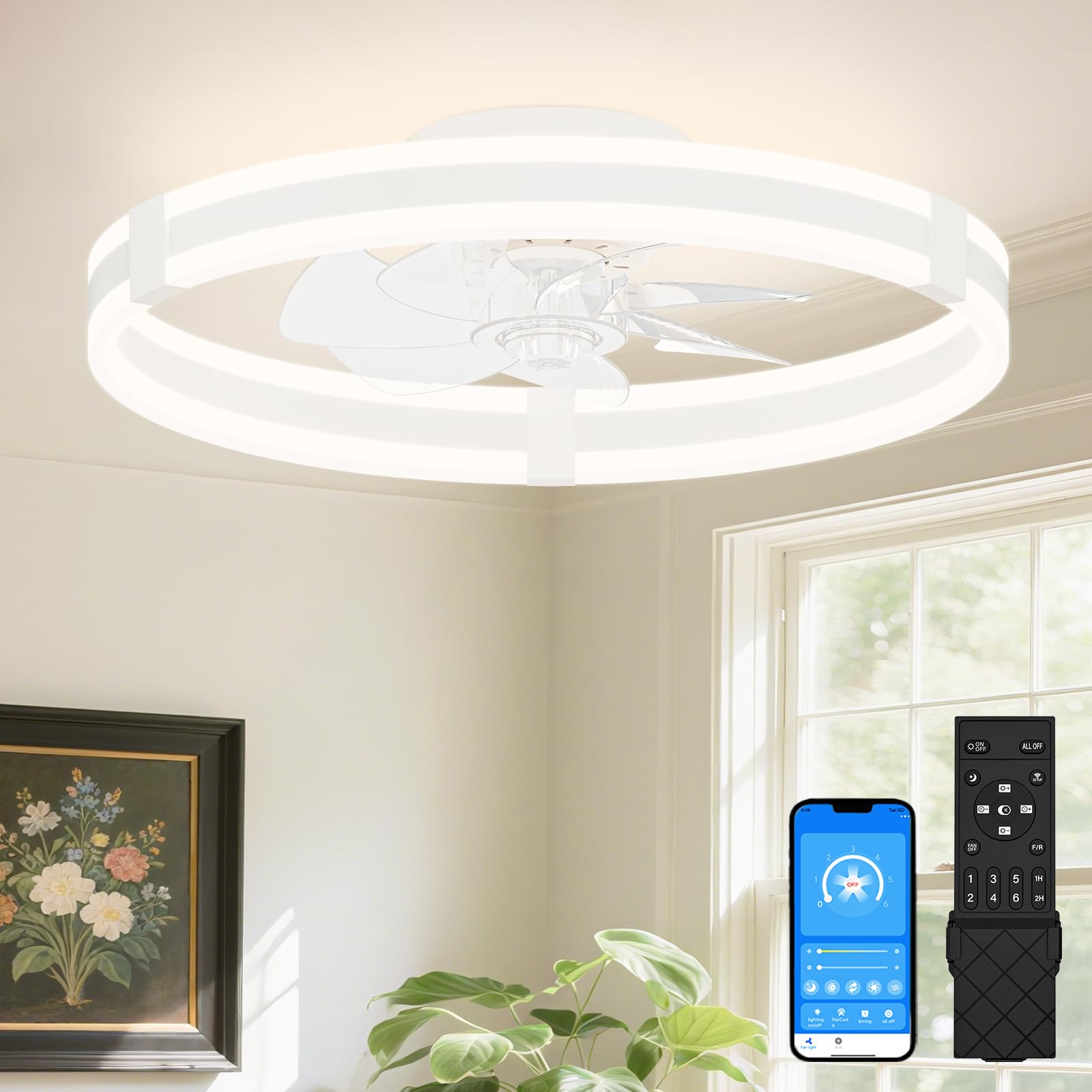 Photo 1 of VOLISUN Ceiling Fans with Lights and Remote, 19.7in Low Profile Ceiling Fans with Light, 3000K-6500K Dimmable Fandelier Ceiling Fan, White Flush Mount Ceiling Fan for Bedroom