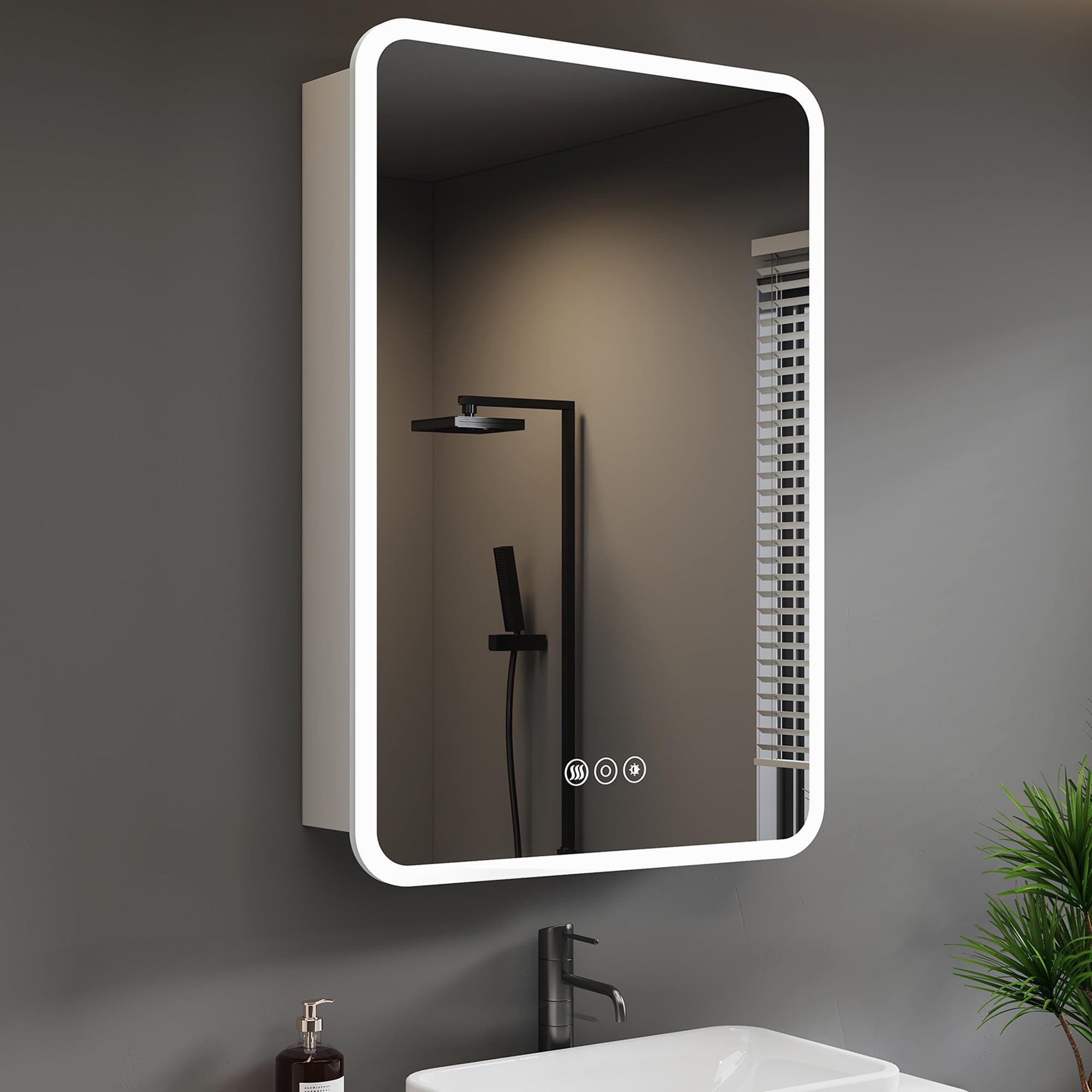 Photo 1 of HBEZON Medicine Cabinet with LED Lights and Mirror, 24 x 30 Inch Surface or Recessed Mounted Bathroom Cabinets with Door, Defogger, Memory Function, 3-Color Mode, Outlet&USB, Dimmer, Storage Shelf