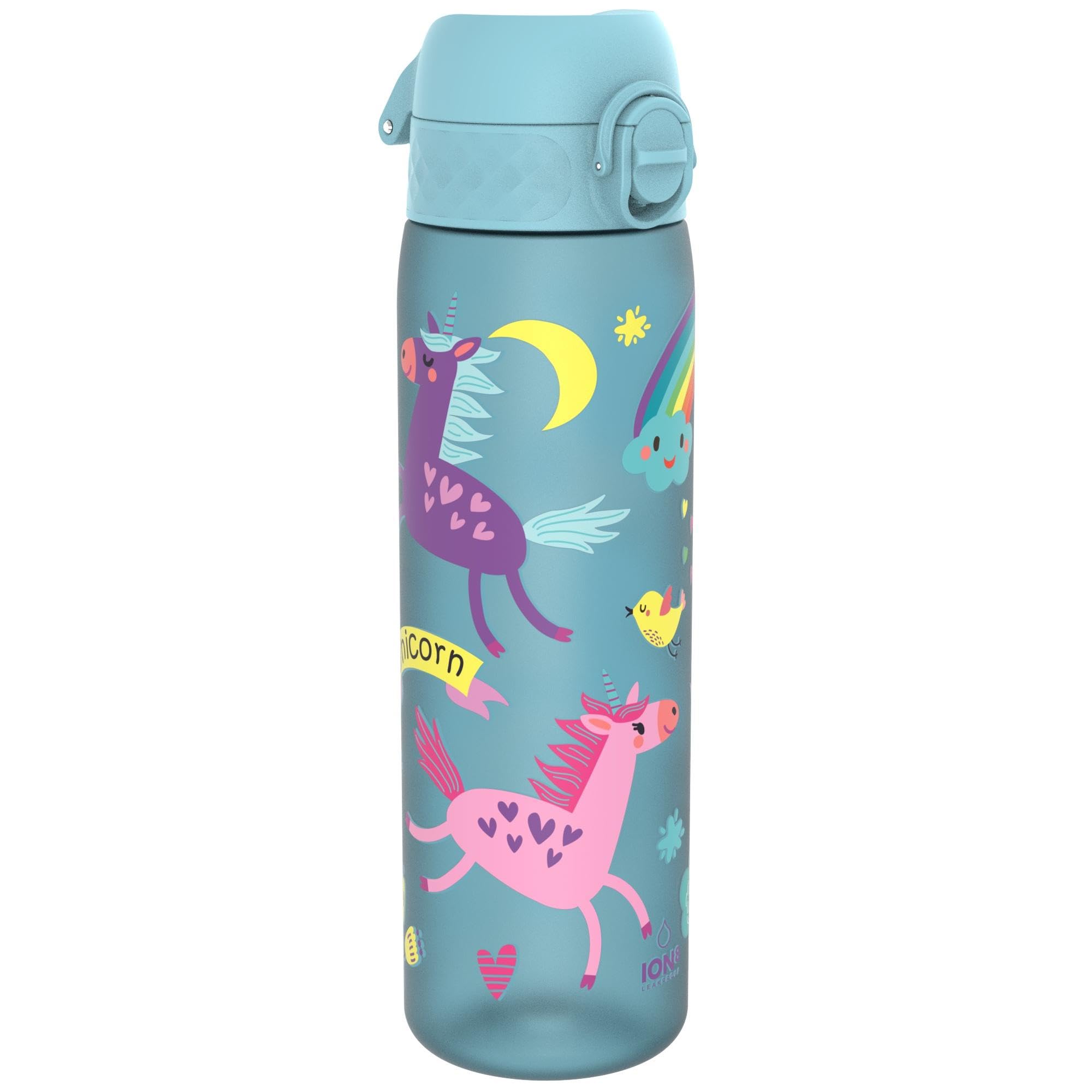 Ion8 Water Bottle, 500ml/18oz, Slim Leak Proof & BPA-Free Drinking Bottle, Secure Lock Prevents Spills, Dishwasher Safe, Carry Handle, Ideal for Adults & Kids - Travel, Gym & School, Blue, Unicorns