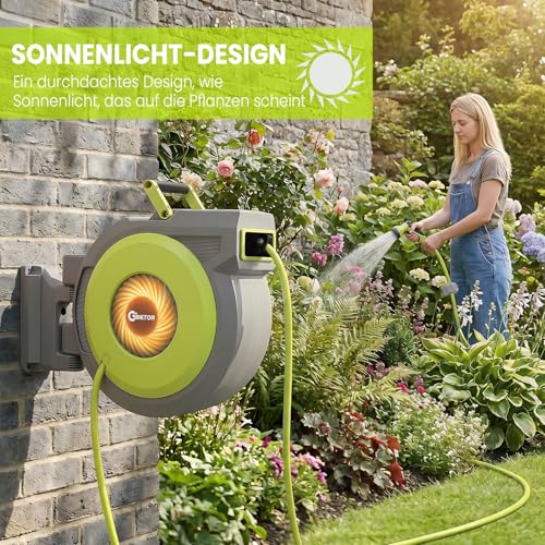 Bietor Hose Reel 40 m + 2 m, Garden Hose Drum with 180° Swivelling, Wall Hose Box with 9 Functions, Garden Shower, Automatic Retraction System and Locking in Any Length for Garden
