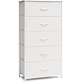 Crestlive Products Tall Dresser for Bedroom Vertical Storage Tower - Wide Fabric Dresser & Chests of Drawers for Closet, Hallway, Entryway w/Wood Top, Easy Pull Fabric Bins - 5 Drawers(White)