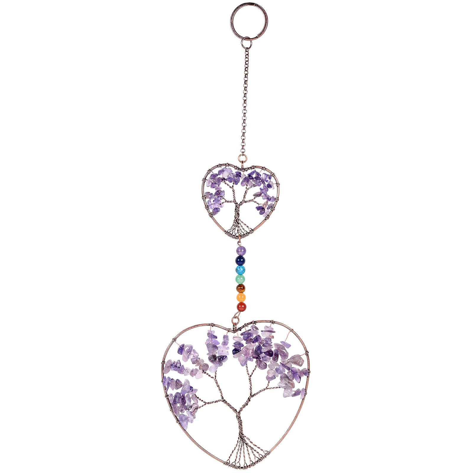 Nupuyai Amethyst Double Love Heart Crystal Tree of Life Hanging Ornament, Reiki Healing Stones Home Window Good Luck Wedding Decor