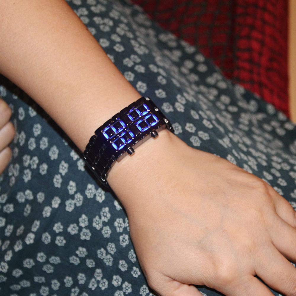 Classic Mens Binary Square LED Digital Watch Black Plated Wrist Watches (Black/red)