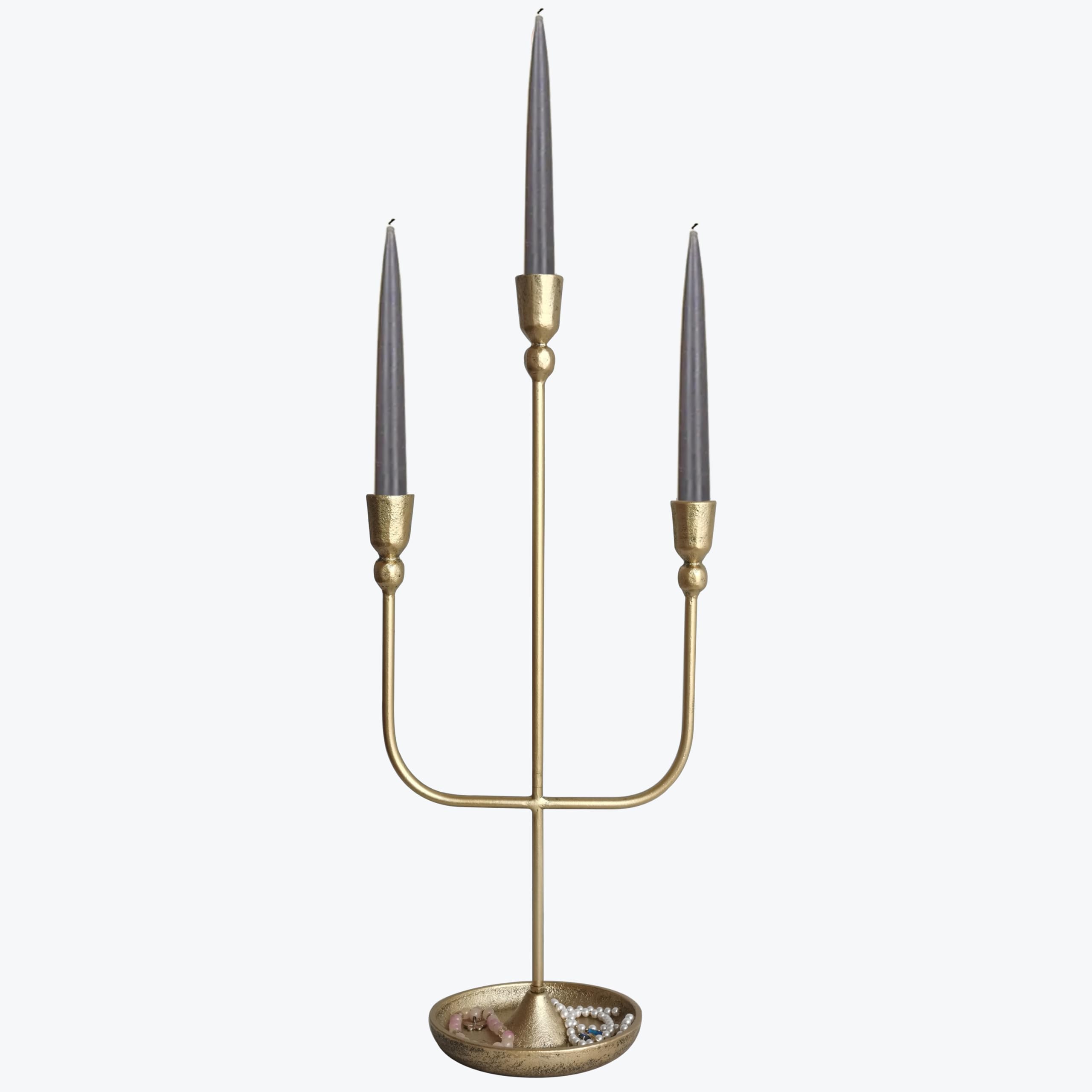 Photo 1 of 3 Candles Metal Candelabra - Brass Finish Candlestick Holders, 20.5 in Tall Iron Candle Holder for Wedding Event Candelabra Candle Stand