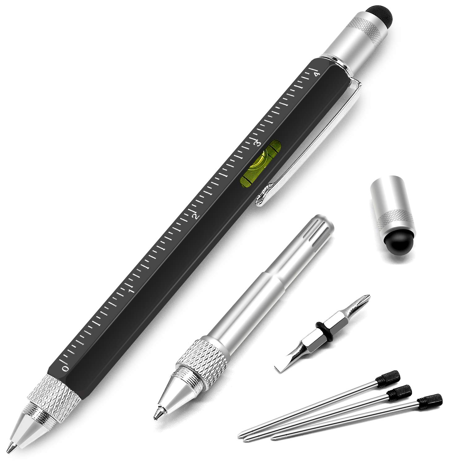 Useful Gadgets for Men, Amteker Multi Tool Pens for Mens Gifts, Touch Screen Stylus Pen, Ballpoint Pen with Scale Ruler, Spirit Level, Small Screwdriver Set, 4 The Pen Refills, Presents for Men(Black)