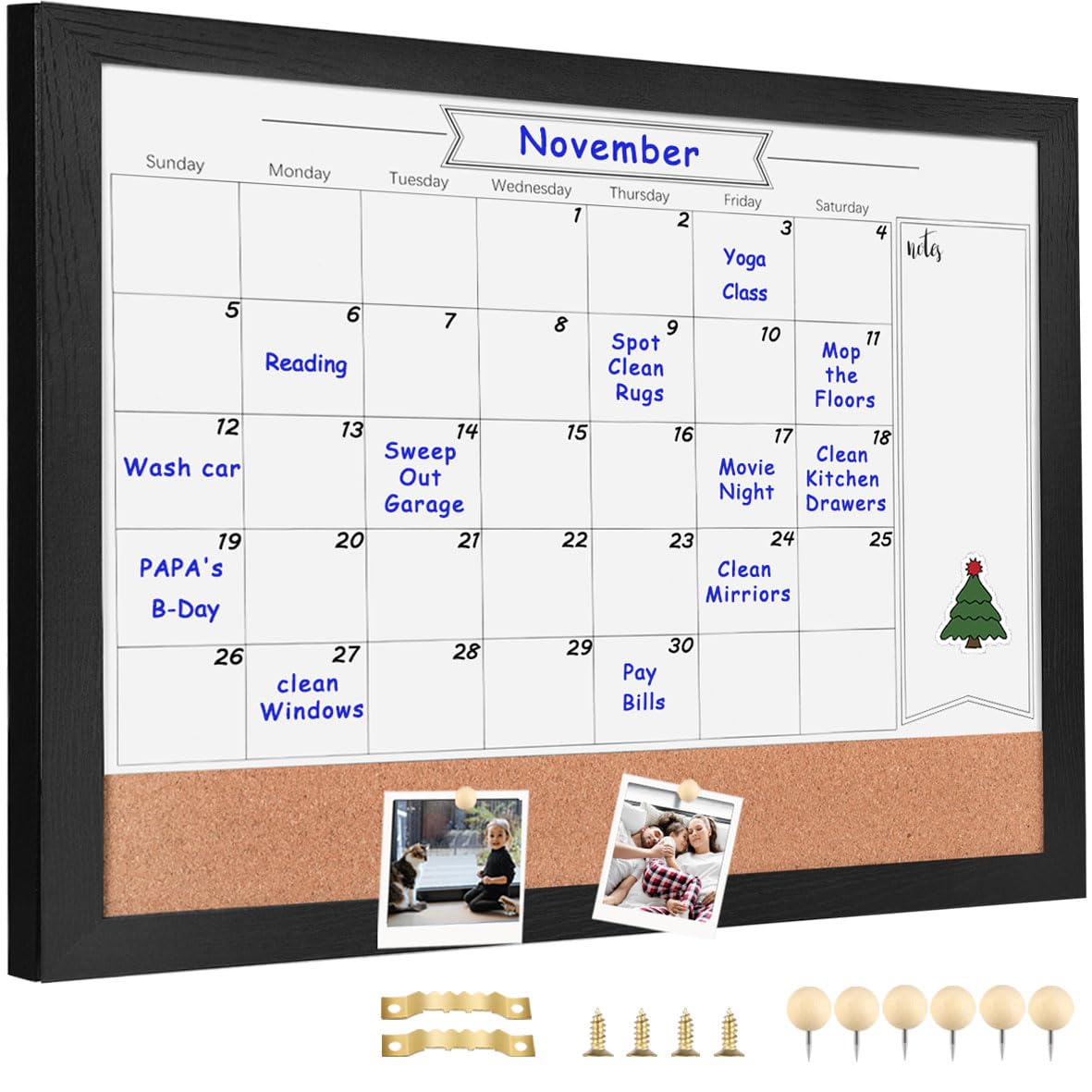 Umtiti Monthly Calendar Dry Erase White Board & Cork Bulletin Board，13" x 17" Black Wood Frame，Magnetic Surface Whiteboard.Perfect for Organizing Your Space.Whiteboard+Cork-3442A-BK
