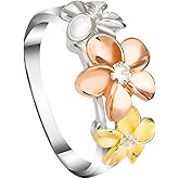 Aloha Jewelry Co. 925 Sterling Silver 14K Gold Pated Tri-Color Cubic Zirconia Three Hawaiian Plumeria Flower Ring, Nickel Free Hypoallergenic for Sensitive Skin, Gift Box Included