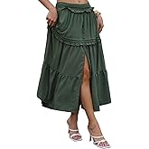 Dyneais Women Elastic Tie Waist Button Down Maxi Skirt Slit Front Boho Skirt with Pockets