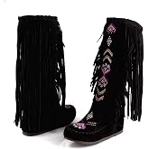 BORAMAX Women's Fringe Western Boots, Suede Embroidered Closure Fringe Mid Calf Knee High Flat Boots Long Snow Tassel Boots