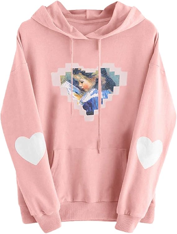 Amazon Creamfelレデイース トップス 多色 フード付き プルオーバーパーカー 少女柄 ハート柄 プリント スウェット カジュアル ゆったり コート 可愛い お洒落 長袖 上着 トレーナー ベーシック 運動 秋冬 男女兼用 通学 クリスマス トレーナー パーカー 通販