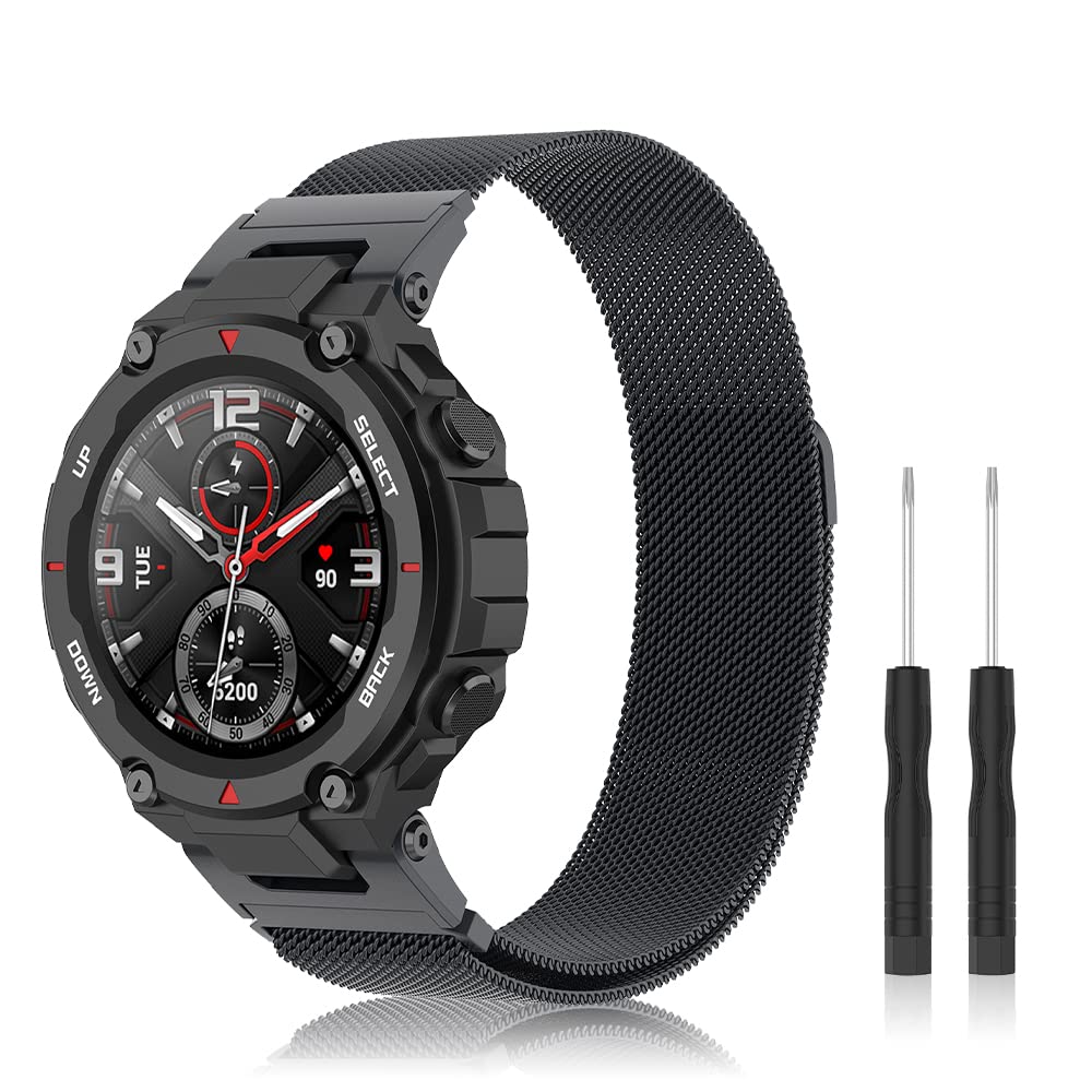 Niboow Strap Compatible with Amazfit T-Rex/T-Rex Pro, Men Women Magnet Stainless Steel Mesh Metal Breathable Watch Bands Compatible with Amazfit T-Rex/T-Rex Pro - Black