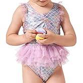 Julysand Toddler Girls One Piece Mermaid Swimsuit with Mesh Skirt Ruffled Swimwear Sun Protection Bathing Suit