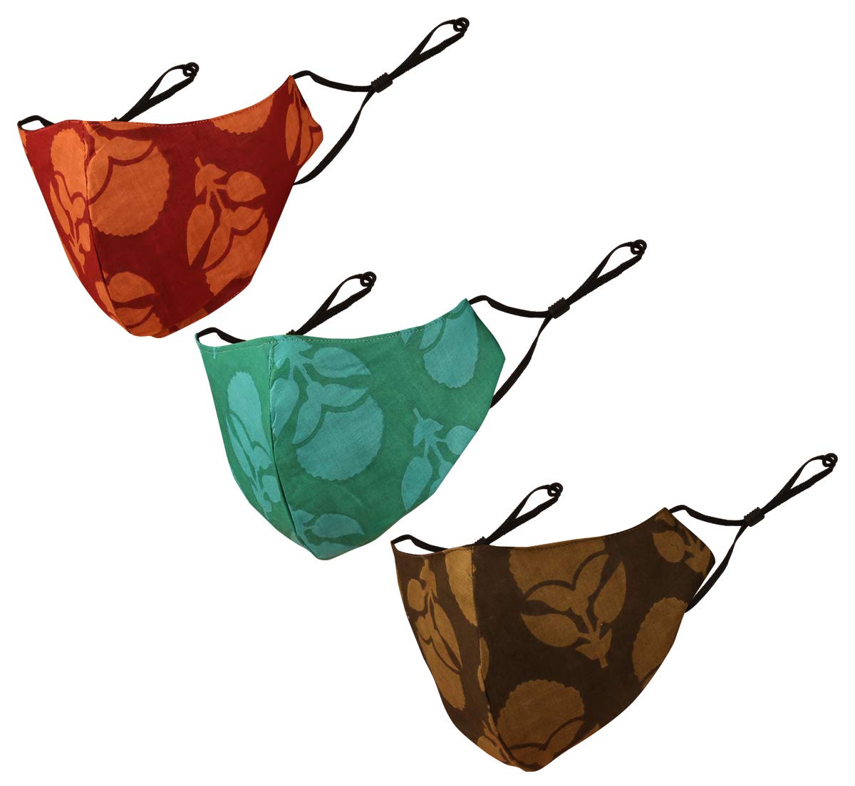 Touchstone Indian Heritage print Adjustable filter pocket 3 layer cotton face mask reusable washable for men, women (Pack of 3). Green Brown Blue