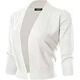 QUALFORT 3/4 Sleeve Sweater for Women Cropped Cardigan Dressy Lightweight Open Front Knit Bolero Shrugs