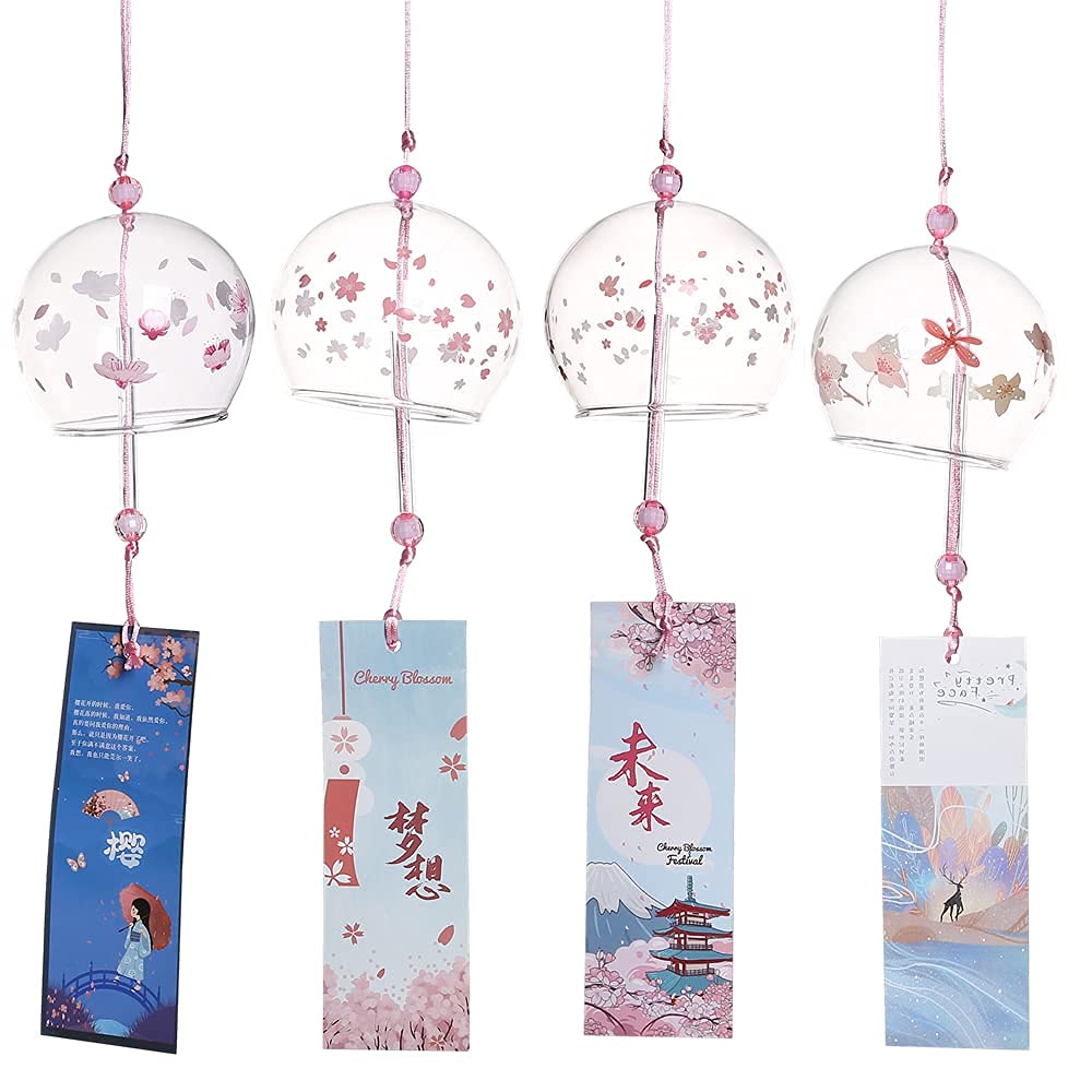 Falytemow Japanese Wind Chimes Set Romantic Flower Wind Bells Handmade Glass Japanese Style Pendant for Birthday Gift Outdoor or Indoor Home Decors Pack of 4 (4 Pink Flower, 7 cm)