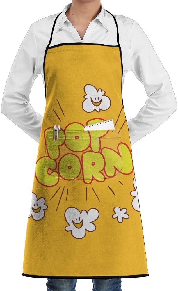 Cartoon Popcorn Smile Apron Lace Unisex Mens Womens Chef Adjustable Polyester Long Full Black Cooking Kitchen Aprons Bib With Pockets For Restaurant Baking Crafting Gardening BBQ Grill