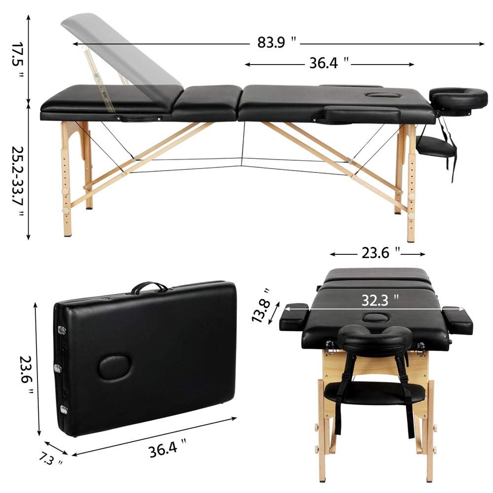 Yaheetech Massage Table Portable Massage Bed Massage Therapy Table Spa Bed 84 Inch Adjustable 3 Fold Salon Bed Face Cradle Bed Black: Beauty